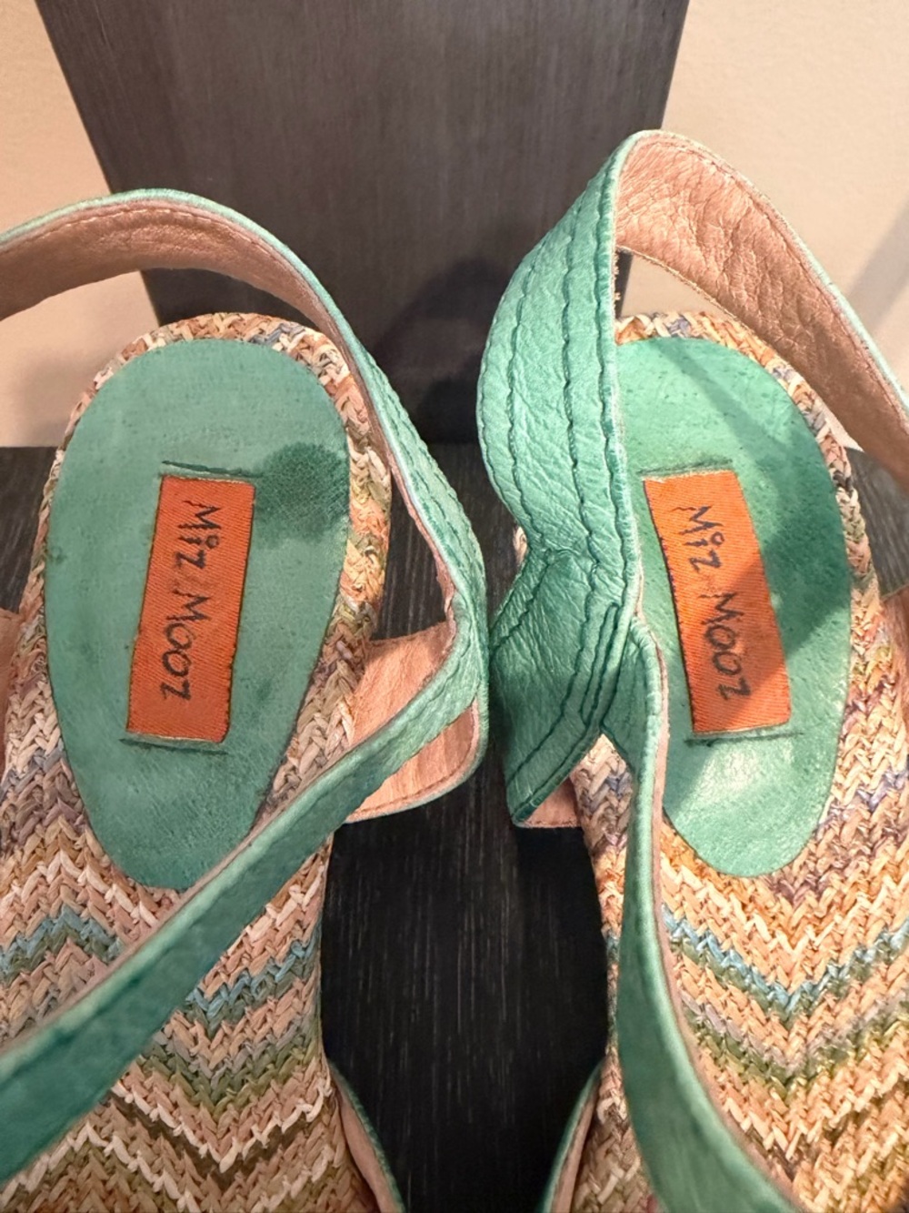 Miz Mooz Mint Green Leather Boho Heels 7.5 Woven Footbed Sandals - Picture 3 of 13